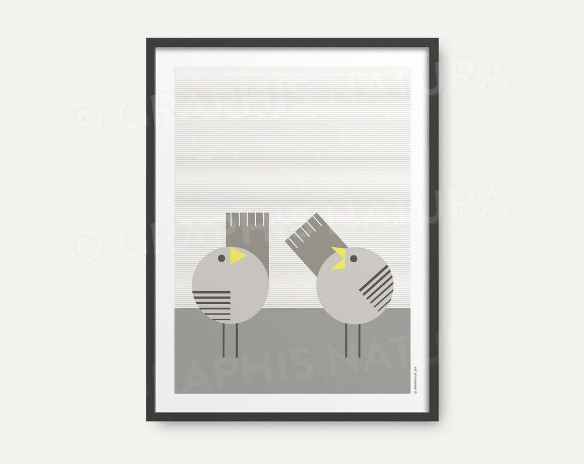 Gray Geometric Bird Duo Poster Minimalist Mid Century Pair Art
