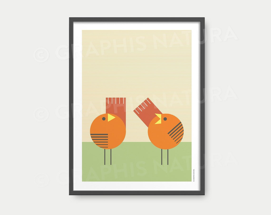 Orange Geometric Bird Duo Poster Playful Mid Century Animal Art