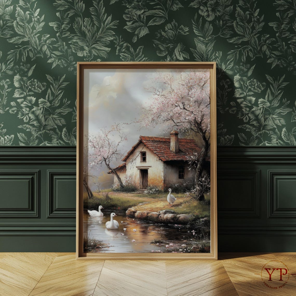Stone Cottage Cherry Blossom Spring White Ducks Pond Rustic Poster - Image 2