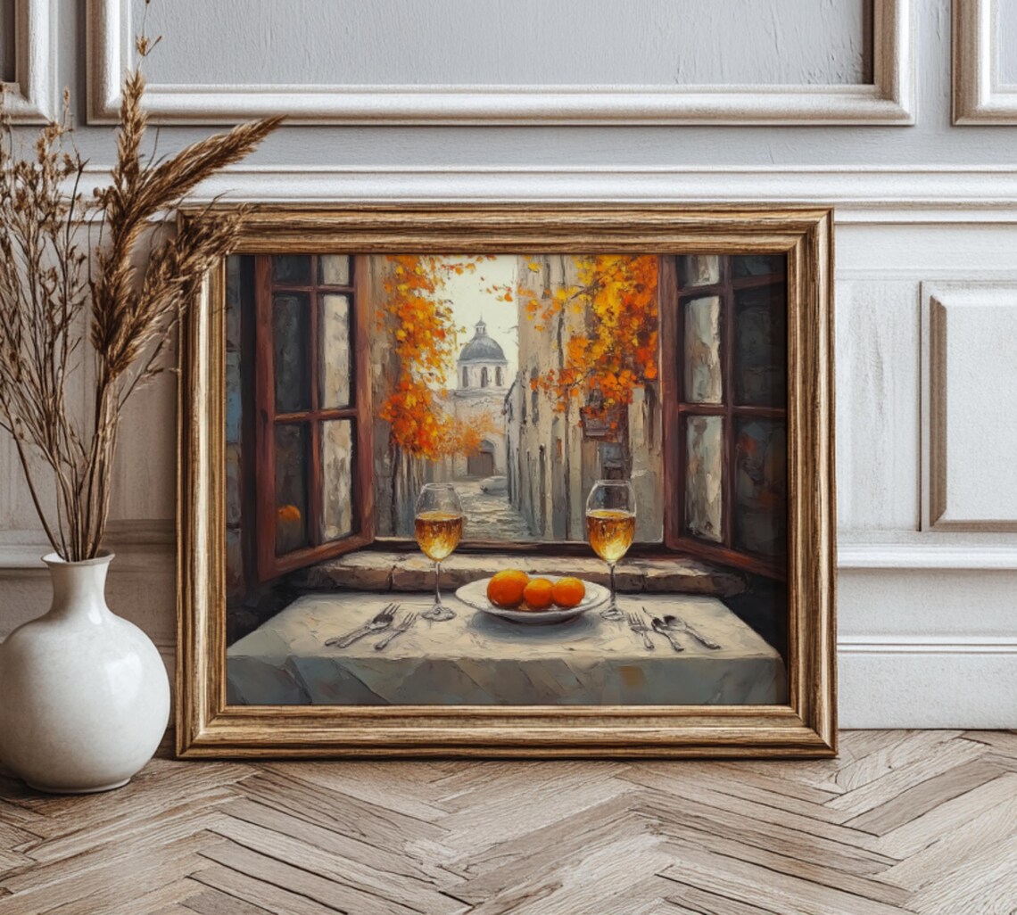 Autumn Italian Street Window View Wine Oranges Still Life Art Poster - Image 3