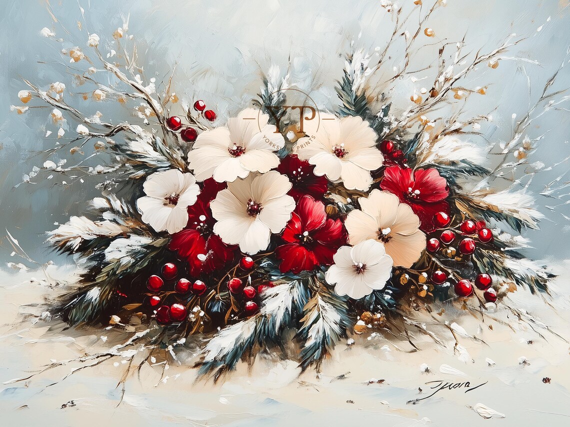 Winter Floral Bouquet Red Berries Snowy Branches Christmas Art Poster - Image 3