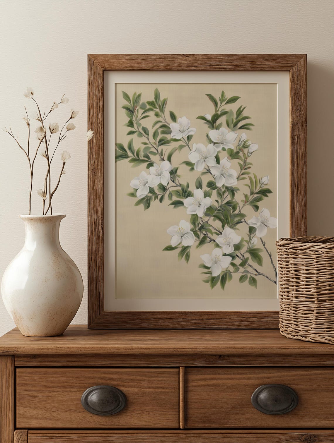 White Jasmine Blossoms Botanical Drawing Neutral Minimalist Poster - Image 3