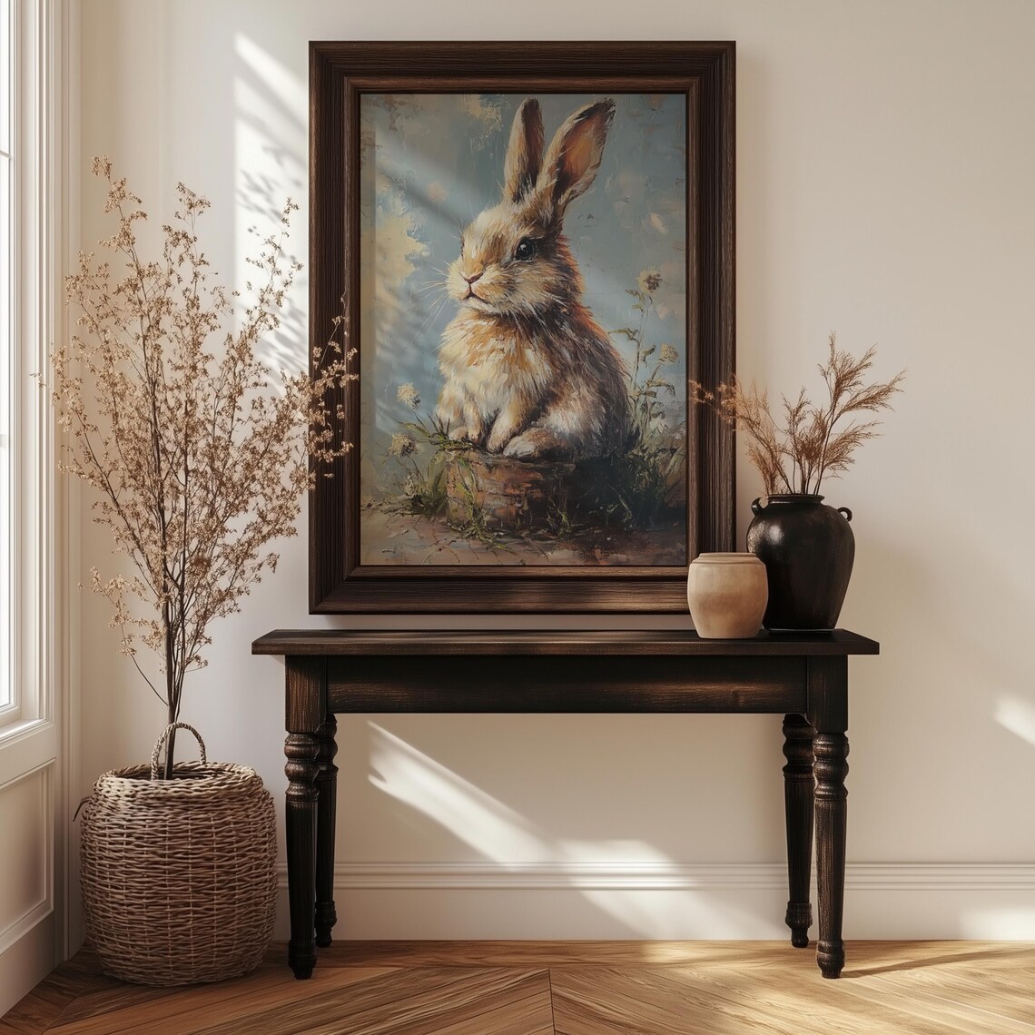 Vintage Rabbit Oil Painting Brown Bunny Dandelion Meadow Farmhouse Wall Art - Image 3