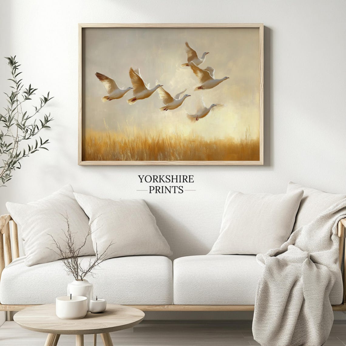 White Geese Flying Golden Wheat Field Sunset Wildlife Art Print - Image 3