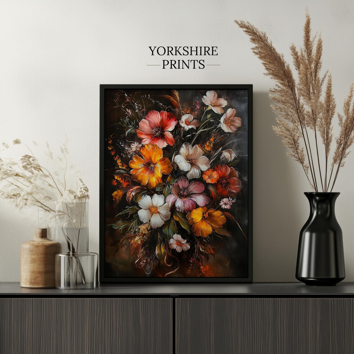 Moody Cosmos Wildflower Bouquet Orange Red Dark Floral Art Poster - Image 3
