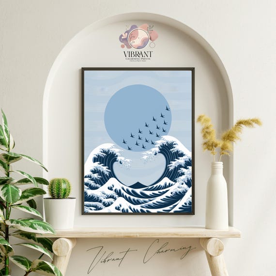 Japanese Wave and Birds, Minimalist Zen Poster