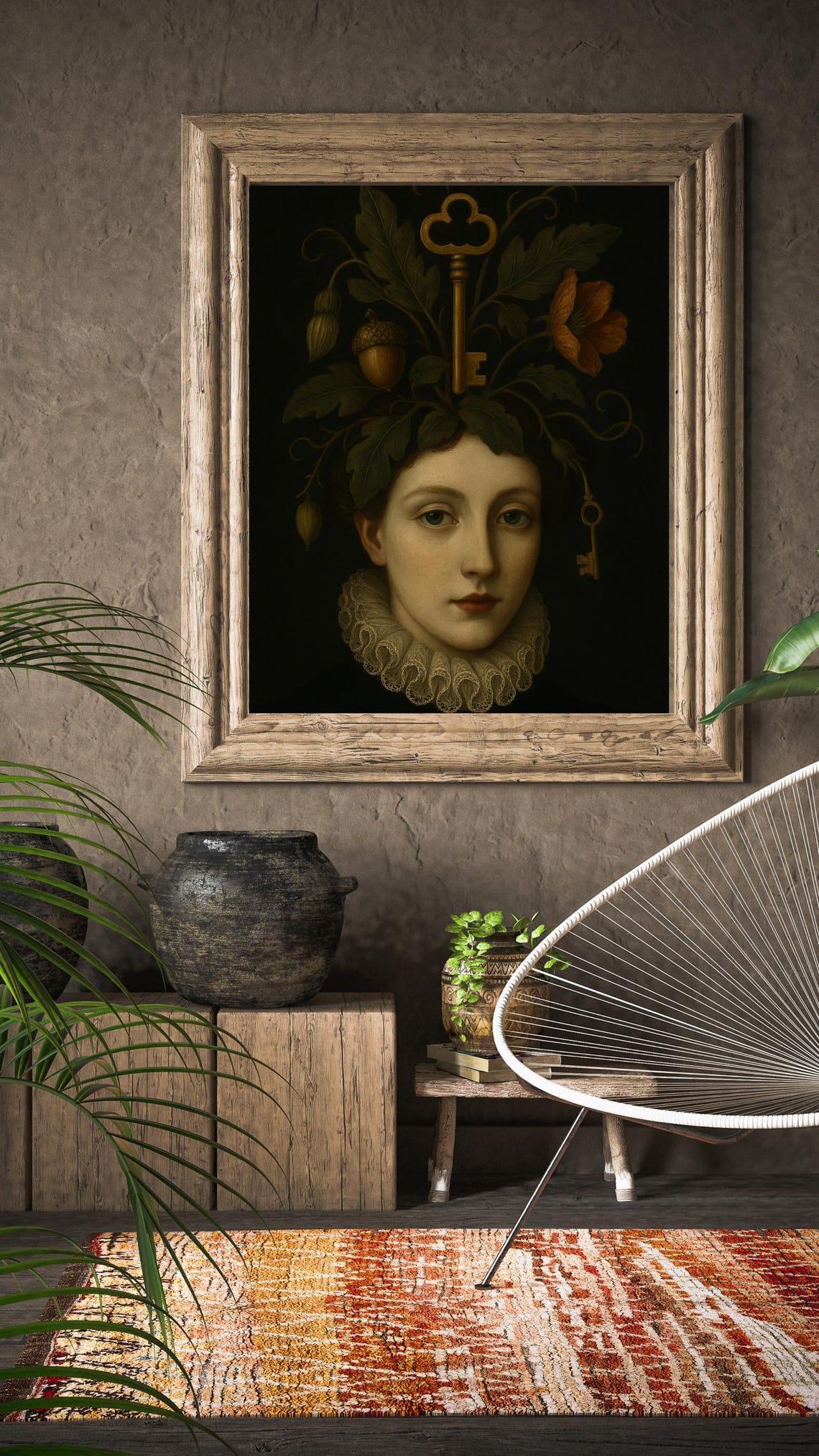 Surreal Woman Portrait - Vintage Keys, Botanical Headpiece - Image 2