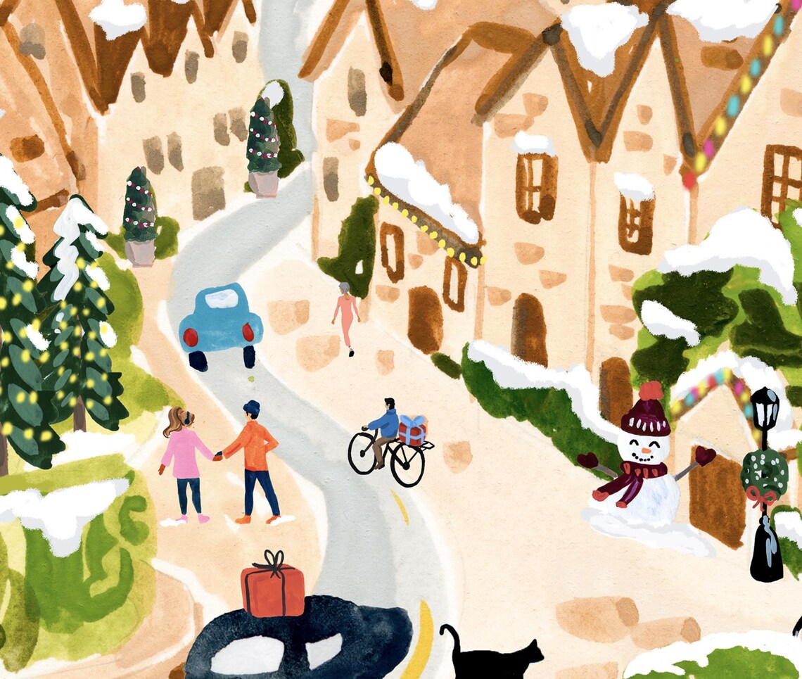 Cotswolds Winter Village Art Print, Holiday Decor - Image 2
