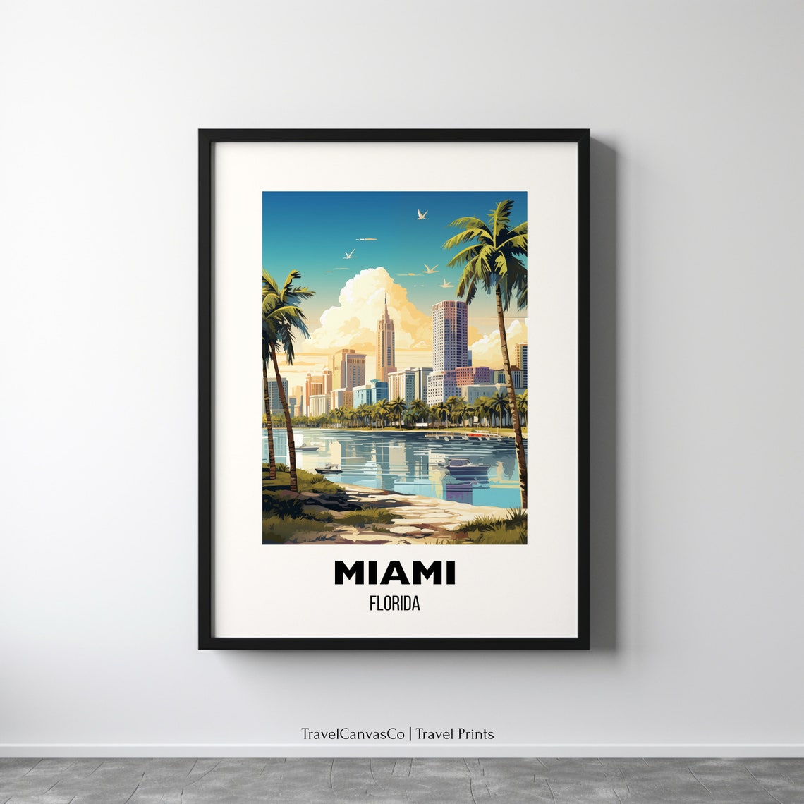 Miami Florida Skyline Palm Trees Waterfront Vintage Travel Poster