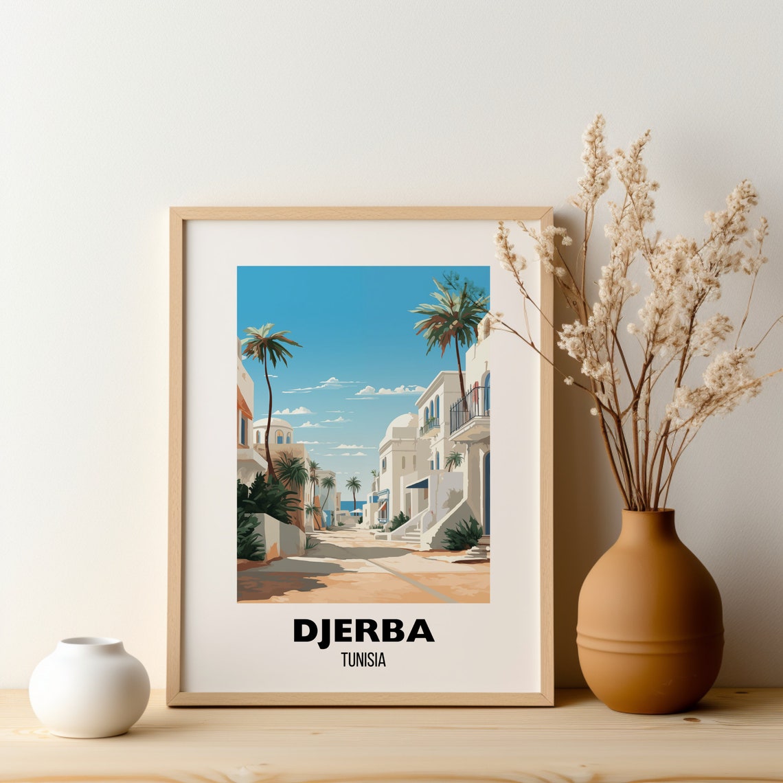Djerba Tunisia Whitewashed Street Palm Trees Vintage Travel Poster - Image 2