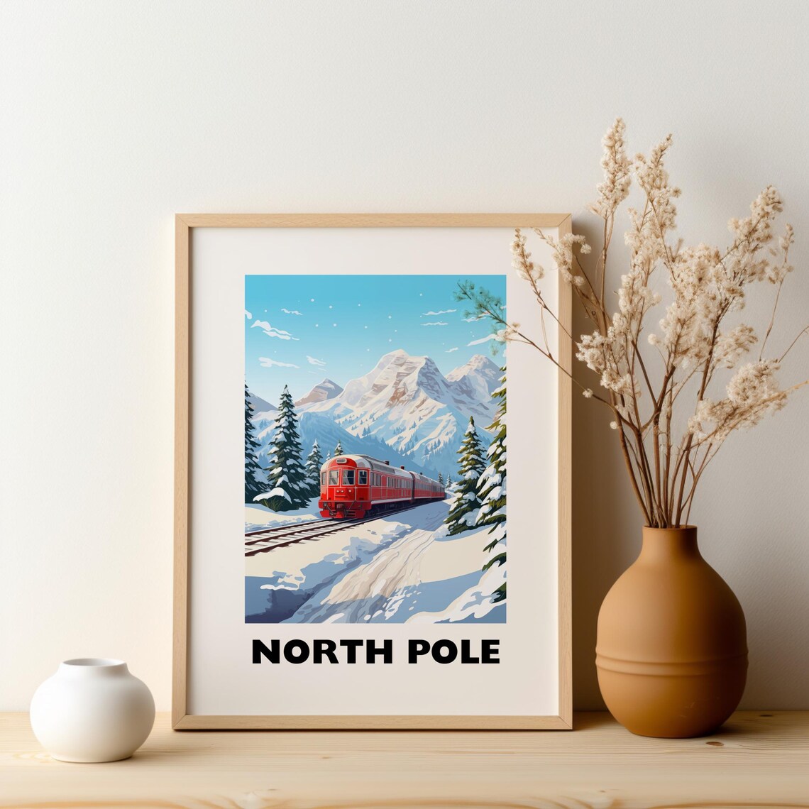North Pole Red Train Snowy Mountain Winter Christmas Holiday Travel Poster - Image 2