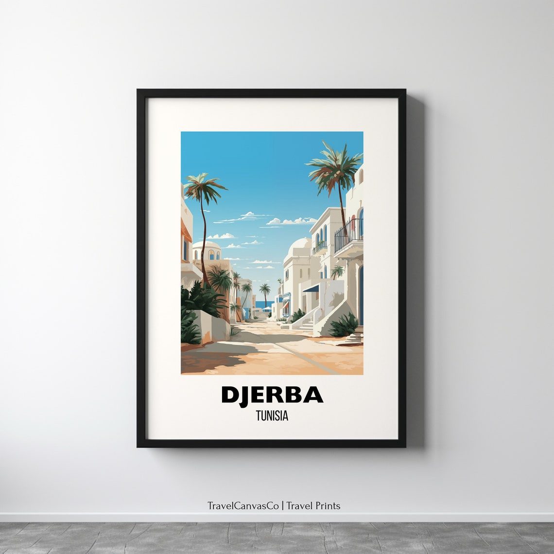 Djerba Tunisia Whitewashed Street Palm Trees Vintage Travel Poster