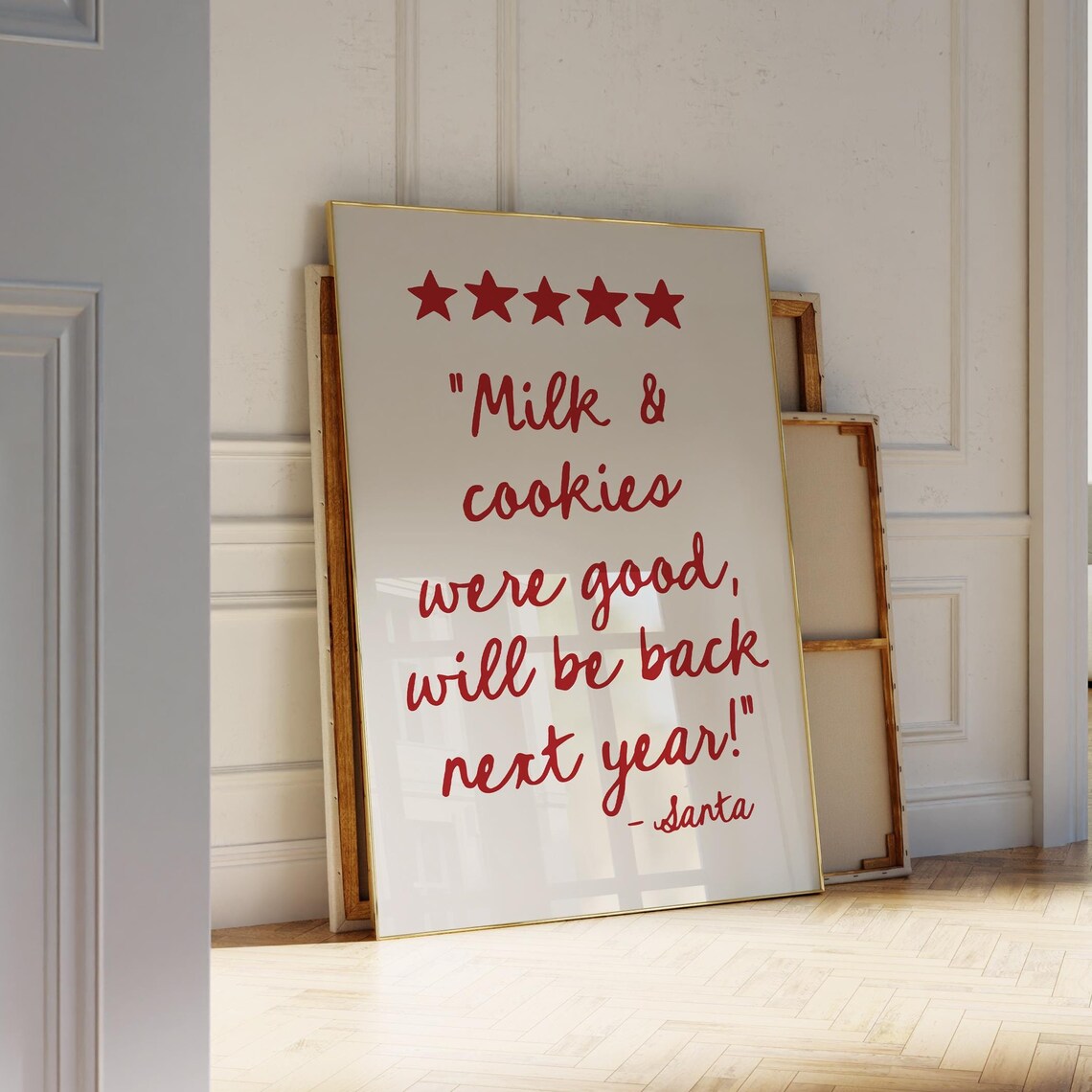 Funny Santa Five Star Milk And Cookies Review Red Script Christmas Poster