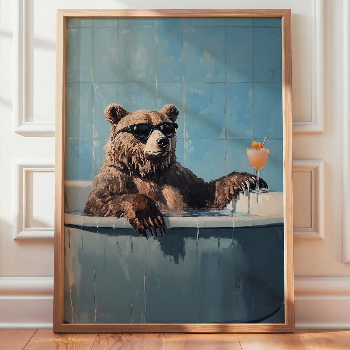 Chill Brown Bear In Bathtub With Sunglasses And Cocktail Poster