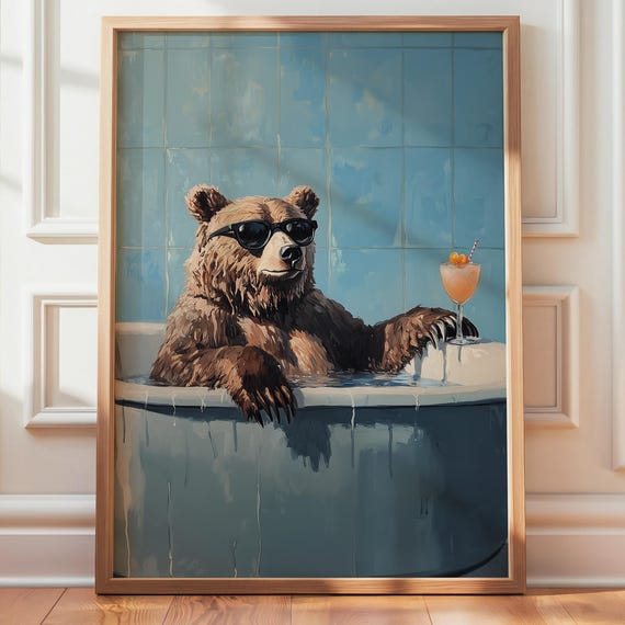 Bear In Bathtub Art Print Vertical Funny Grizzly With Cocktail Poster Bathroom Wall Relaxing Spa Decor Painting
