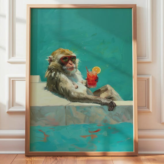 Funny Monkey Bathroom Art Print Macaque With Cocktail In Tub Poolside Animal Wall Decor Tropical Bar Poster Oil Style Artwork
