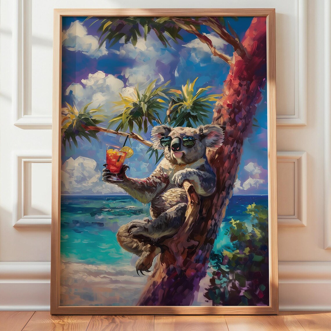Koala Art Print Vertical With Cocktail On Palm Tree Poster Square Unique Artwork