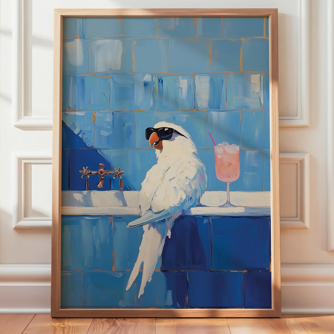 White Cockatoo With Sunglasses and Cocktail in Blue Tiled Bath Poster