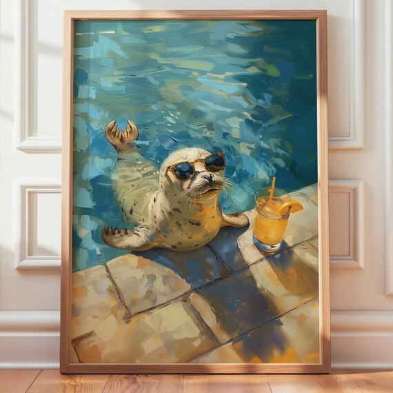 Seal Art Print With Sunglasses And Cocktail Vertical Poolside Poster Square Fun Decor Wall