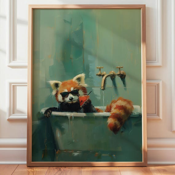 Red Panda Art Print, Cocktail In Bathtub Poster