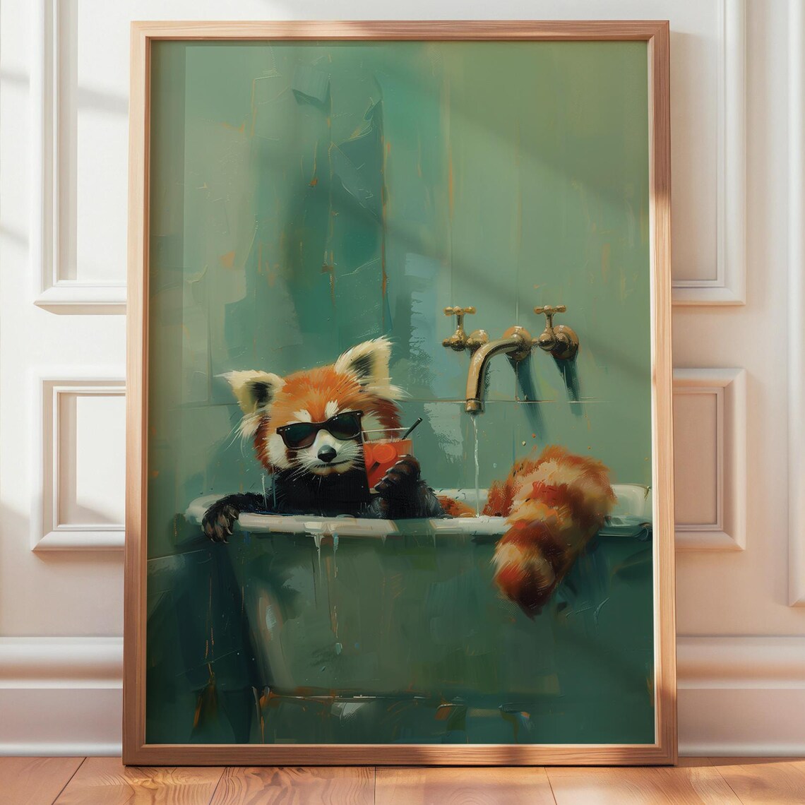 Red Panda Art Print, Cocktail In Bathtub Poster