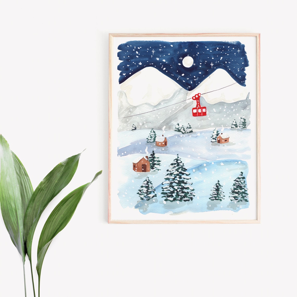 Winter Night Art Print, Ski Alps Holiday Decor - Image 3
