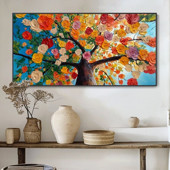 Original Blossoming Tree Thick Texture Knife Painted Large Abstract Art Oil Painting Modern Hand Crafted Wall Decor Unique Style Decorative