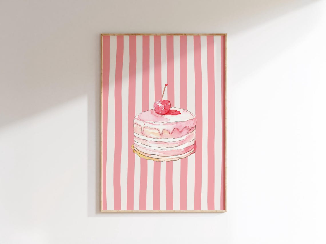 Pink Cherry Cake Watercolor Striped Background Dessert Art Poster - Image 2