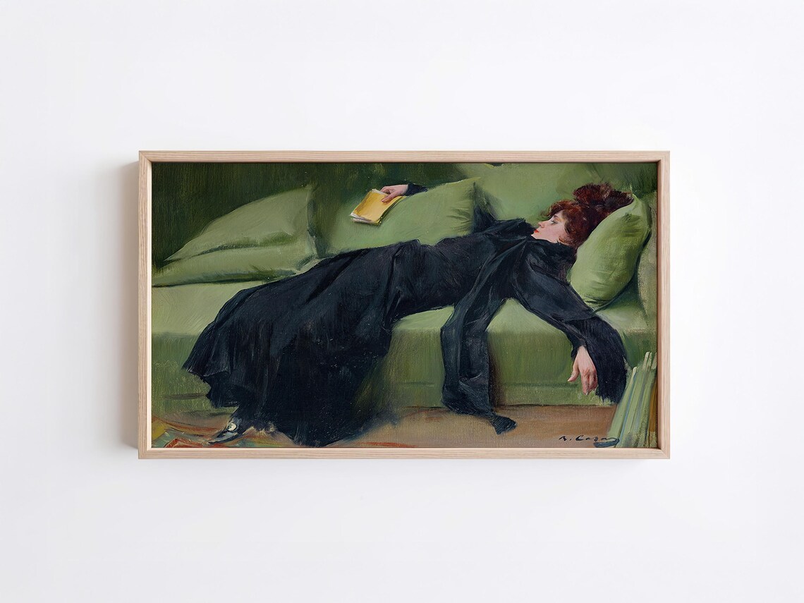 Reclining Woman Vintage Oil Painting Green Sofa Decadent Art Poster