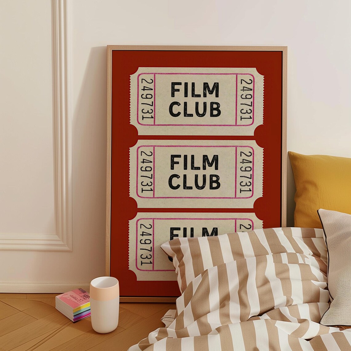 Film Club Vintage Ticket Stub Trio Deep Red Movie Room Poster - Image 3