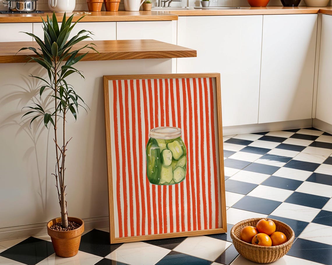 Watercolor Pickle Jar Red White Stripe Retro Kitchen Art Poster - Image 2