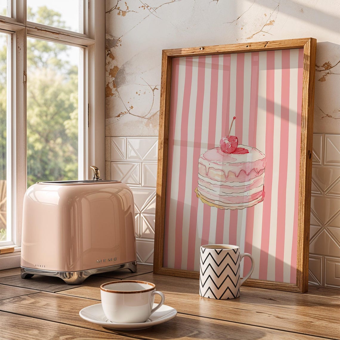 Pink Cherry Cake Watercolor Striped Background Dessert Art Poster - Image 4