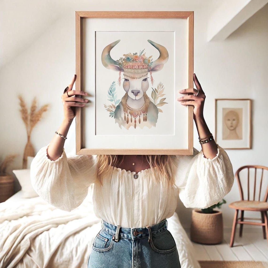 Blank Frame Mockup Held Up in Boho Bedroom Lifestyle Scene Poster - Image 2