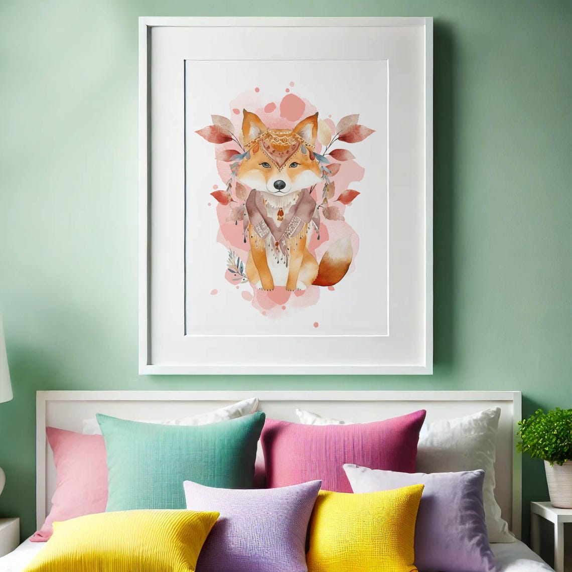 Blank Frame Mockup Pastel Bedroom With Colorful Cushions Scene Poster - Image 2