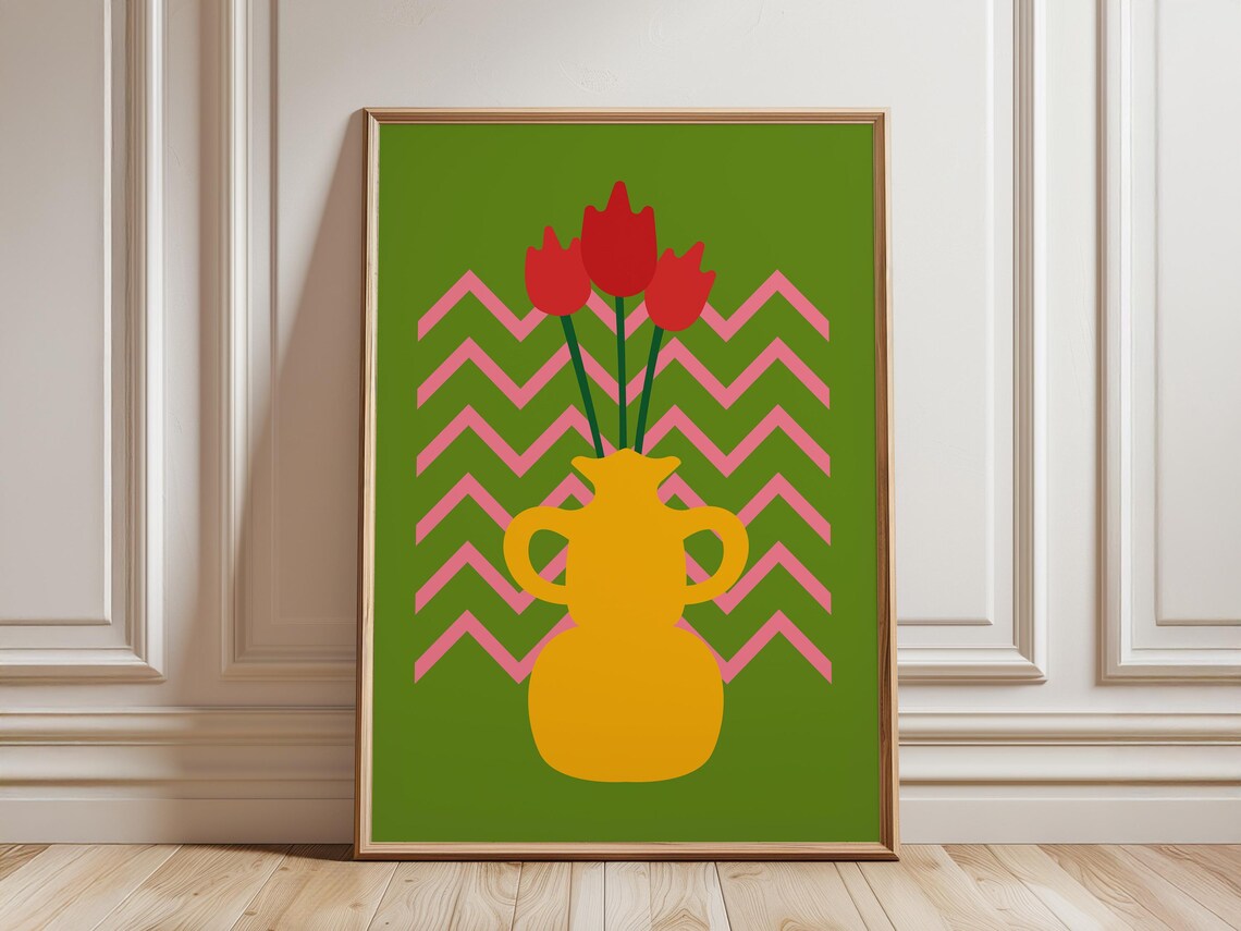 Red Tulips Yellow Vase Green Pink Chevron Bold Floral Art Poster