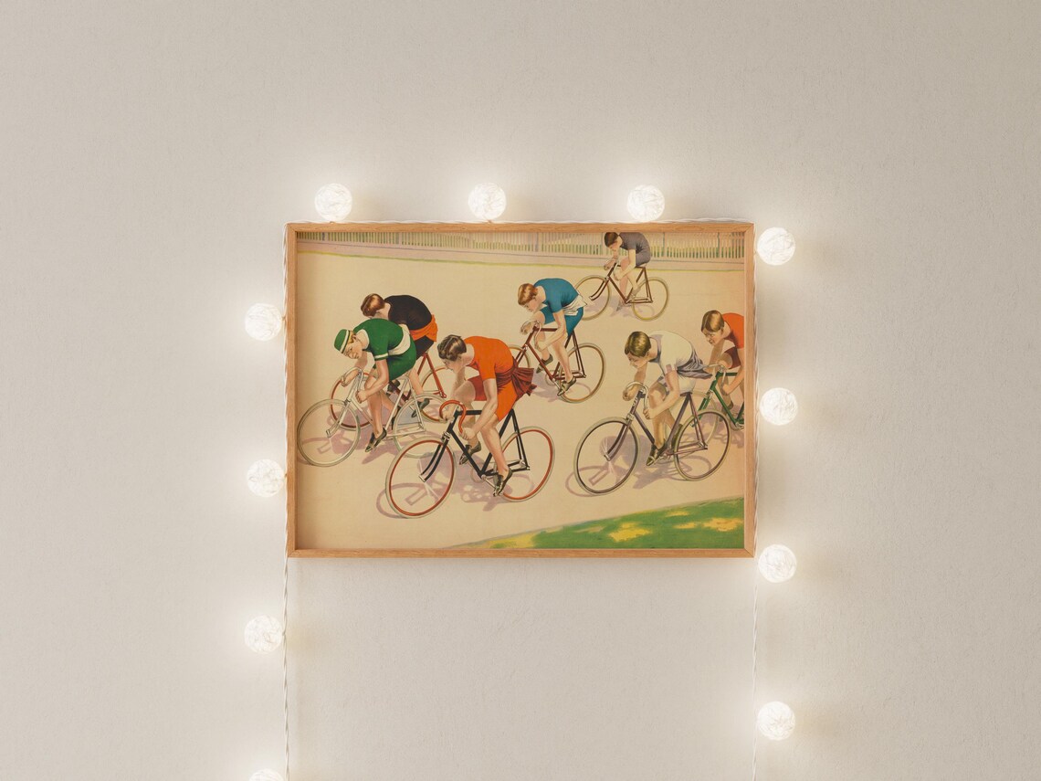 Vintage Velodrome Bicycle Race Seven Cyclists Antique Sports Poster - Image 2