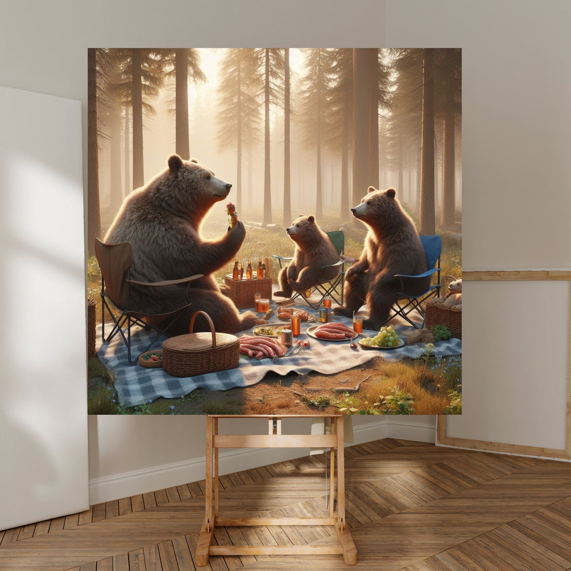 Three Brown Bears Enjoying A Forest Picnic Together Funny Poster