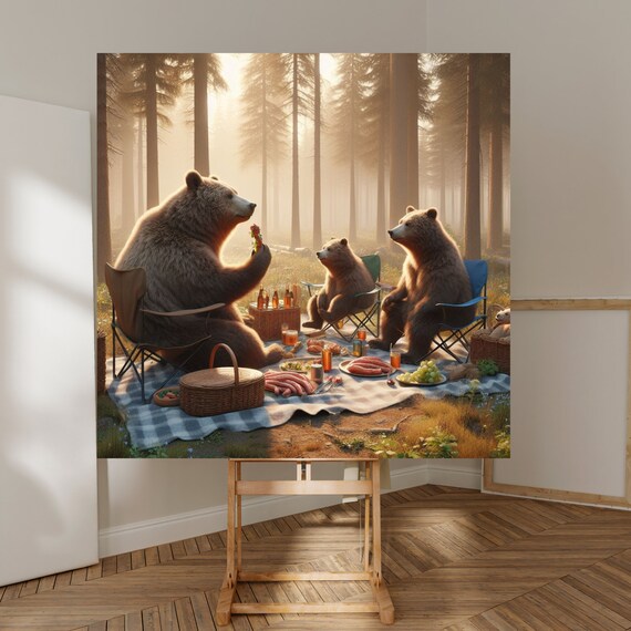Three Brown Bears Enjoying A Forest Picnic Together Funny Poster