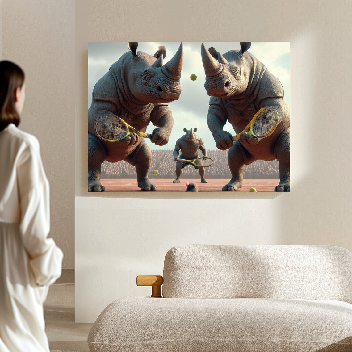 Rhinos Playing Tennis Doubles On A Clay Court Comedy Animal Poster - Image 4