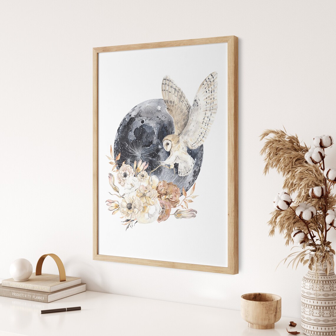 Barn Owl Flying Under Full Moon Watercolor Floral Art Poster - Image 3