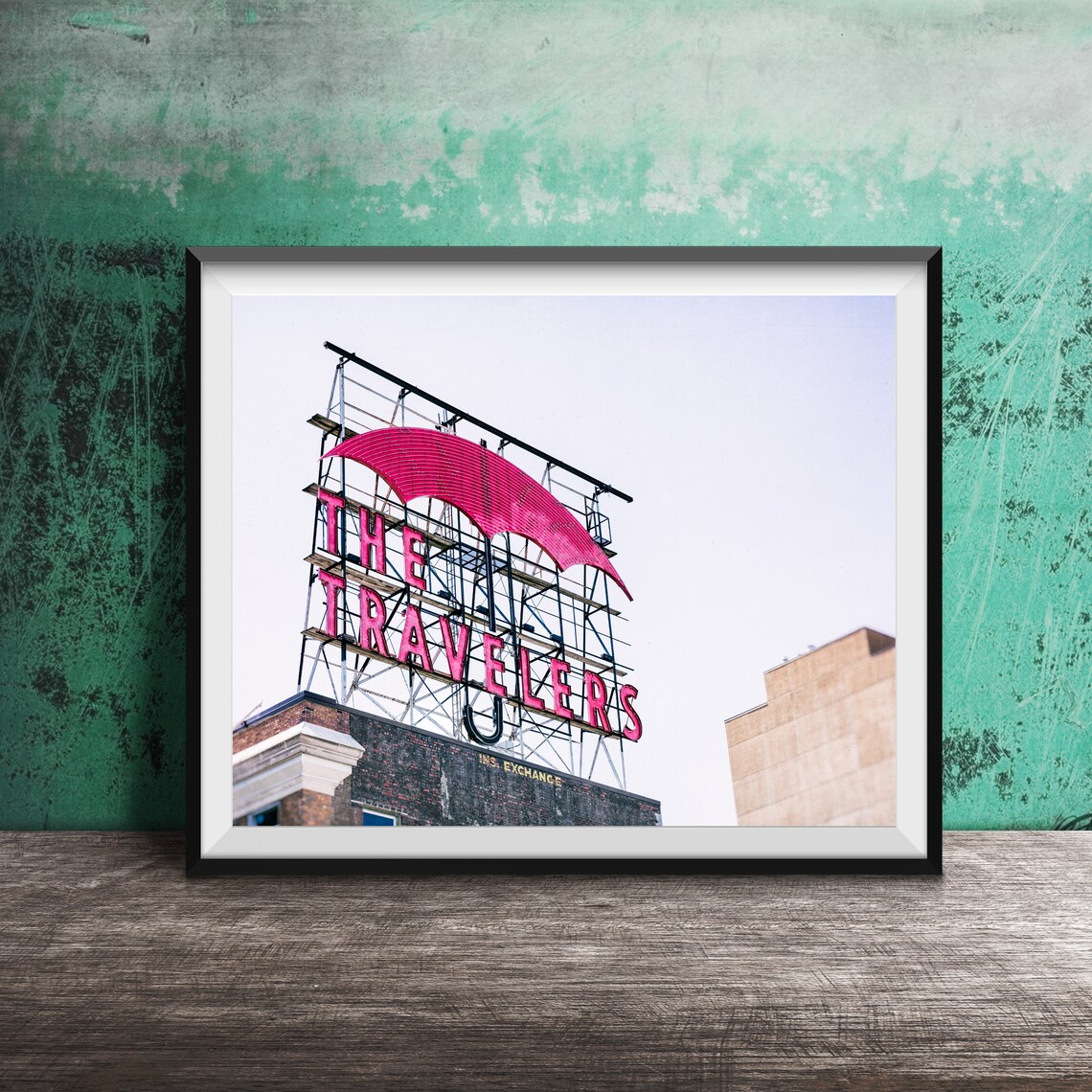 The Travelers Red Umbrella Rooftop Sign Des Moines Iowa Poster