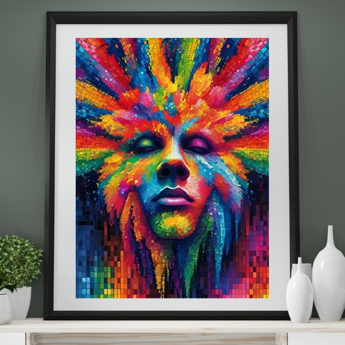 Rainbow Sunburst Face Radiant Mosaic Goddess Portrait Art Poster