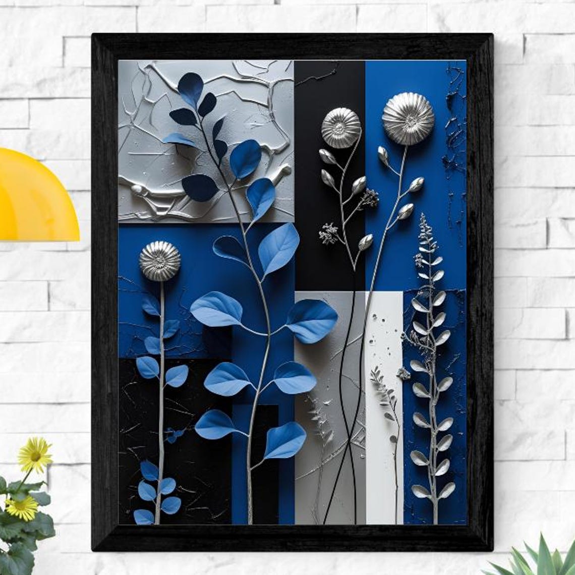 Blue Black Panel Silver Shell Flower Leaf Abstract Botanical Poster