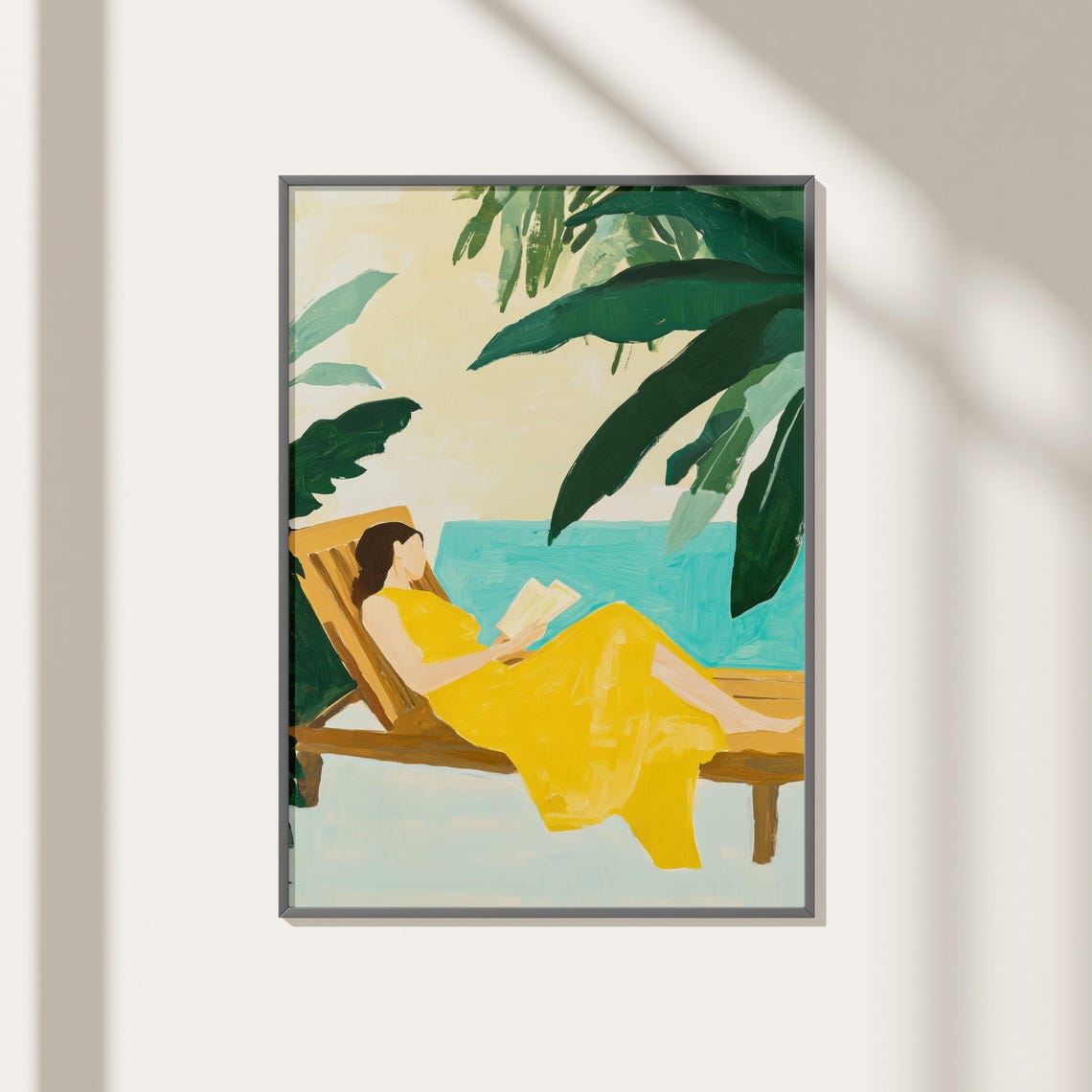 Tropical Beach Art Relaxing Woman Print Summer Abstract Wall Art Coastal Boho Decor Palm Tree Painting Yellow Green Print Ocean Poster