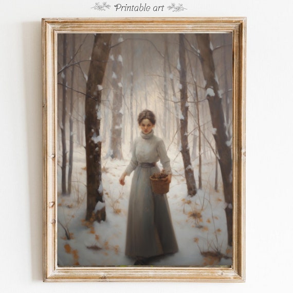 Rustic Christmas Forest Wall Art Woman Decor Holiday Nature Wall Art Moody Print Winter Oil Painting Moody Decor Holiday Poster