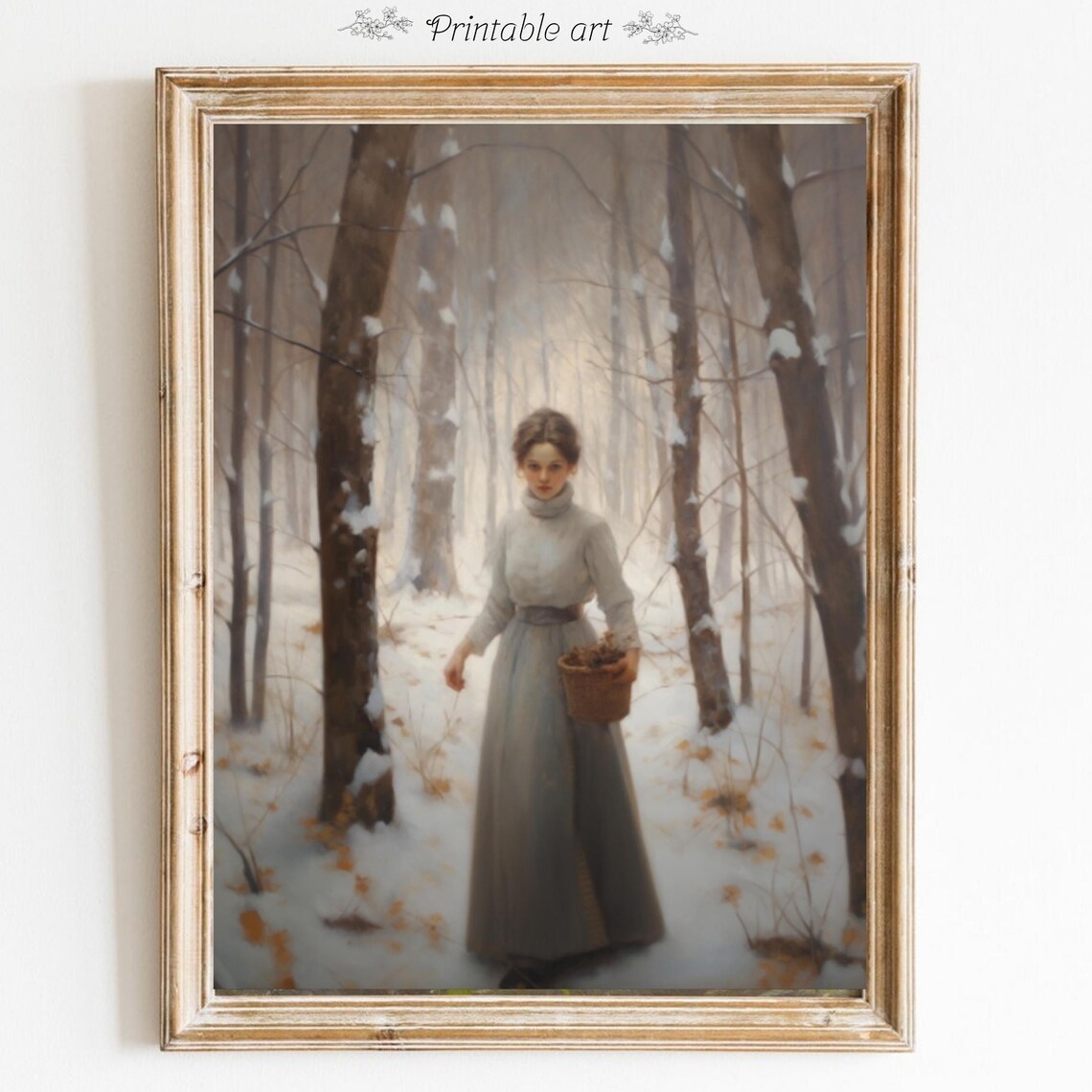Woman Gathering in Snowy Winter Woods with Basket Painting Poster