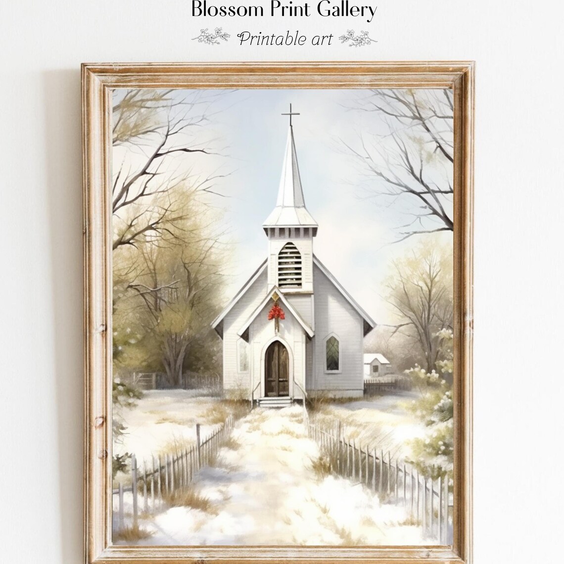 Snowy White Country Church Winter Landscape Watercolor Poster