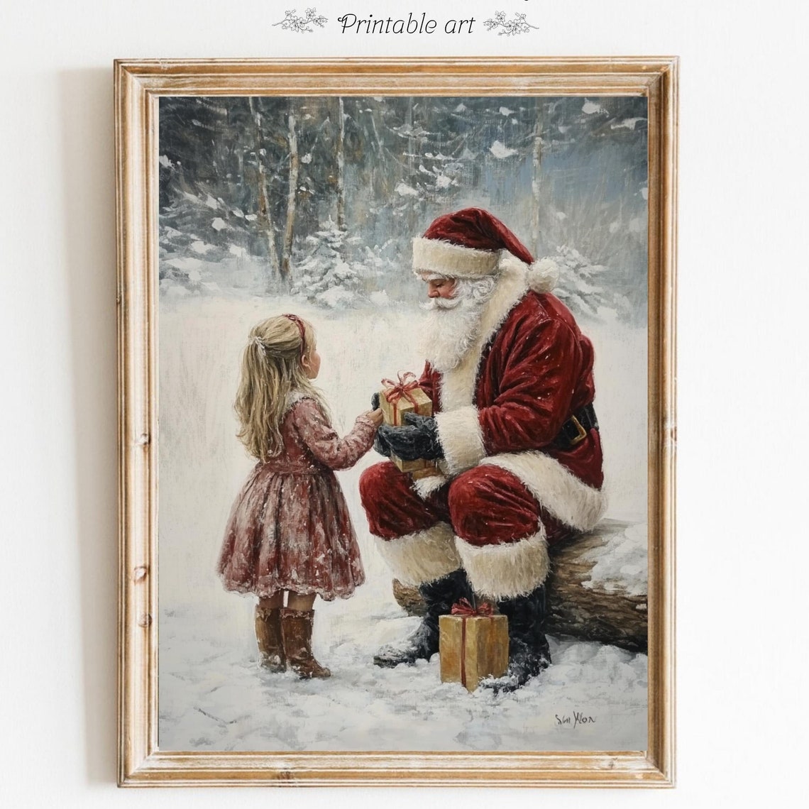 Vintage Santa Claus Christmas Wall Art Santa And Little Girl In Forest Painting Rustic Winter Art Christmas Holiday Poster 808