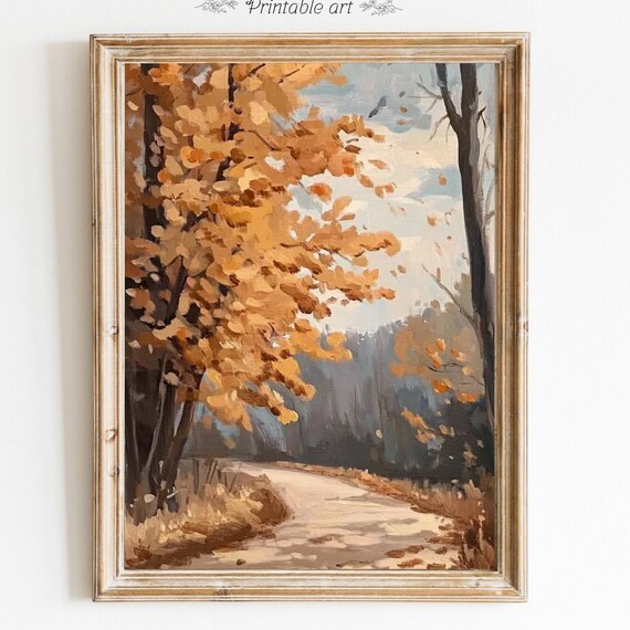 Golden Autumn Forest Path Vintage Oil Painting Landscape Poster