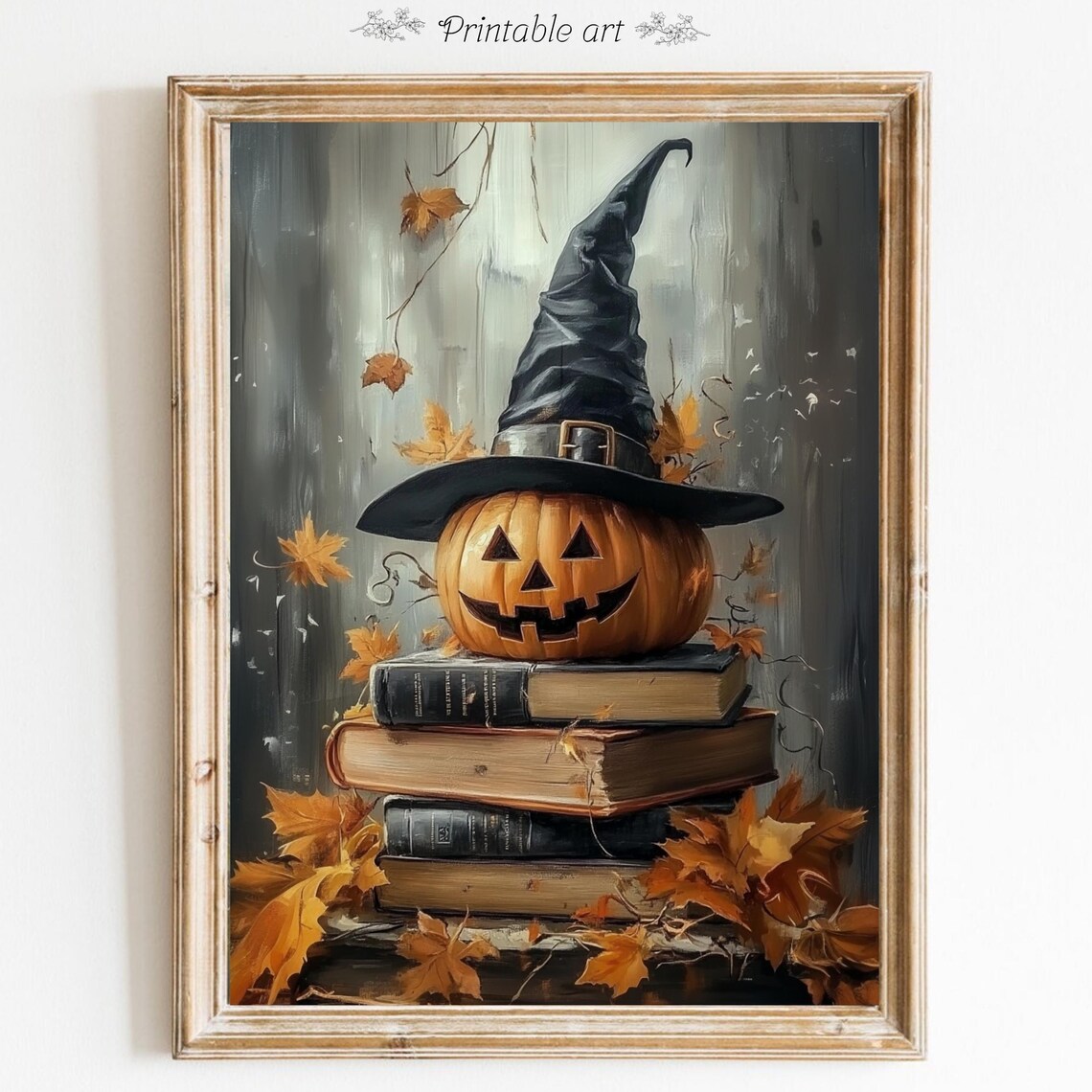Jack-O-Lantern with Witch Hat on Books Halloween Painting Poster